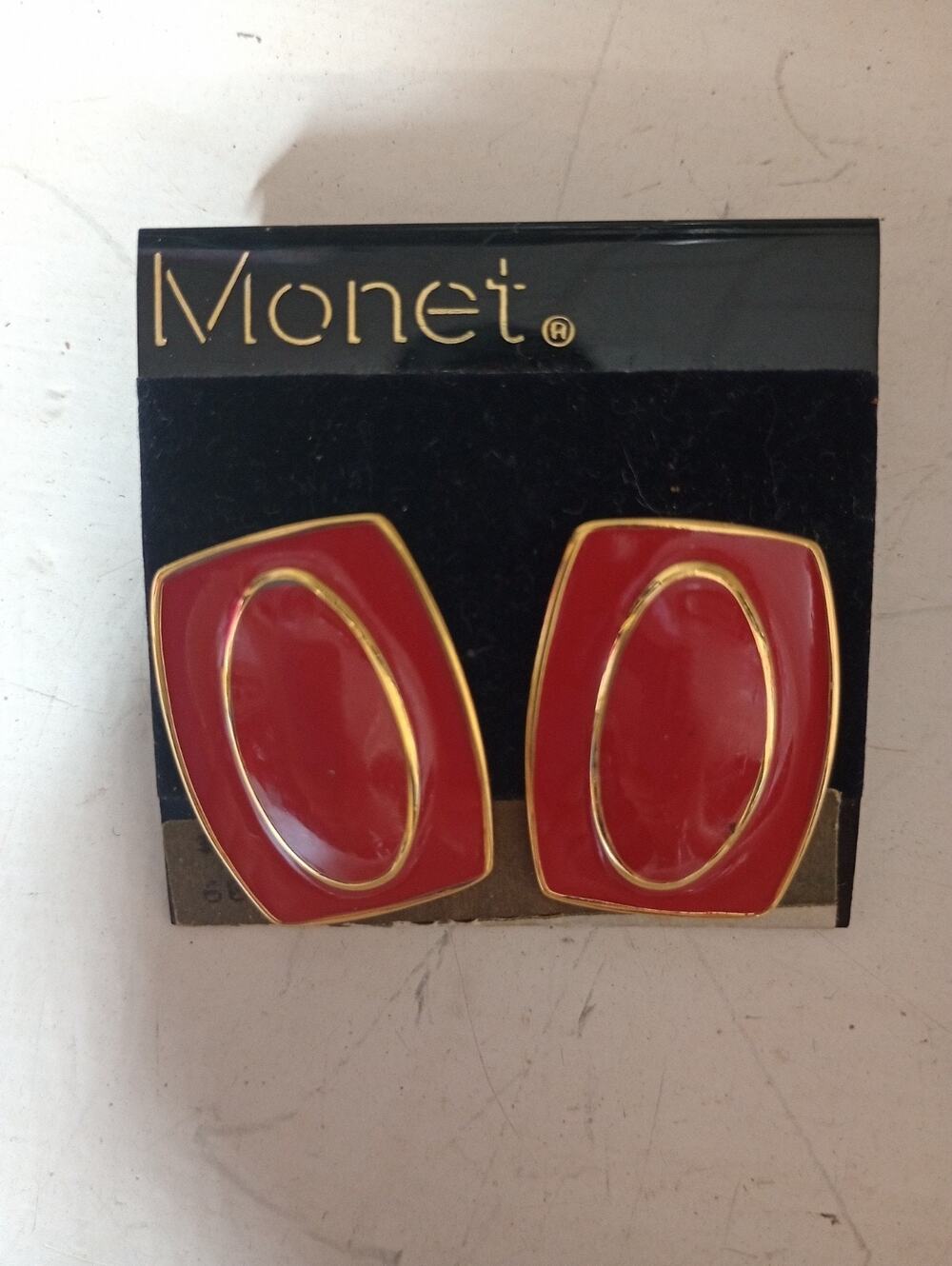 Vintage MONET Gold Tone Metal RED Enamel Clip On Earrings